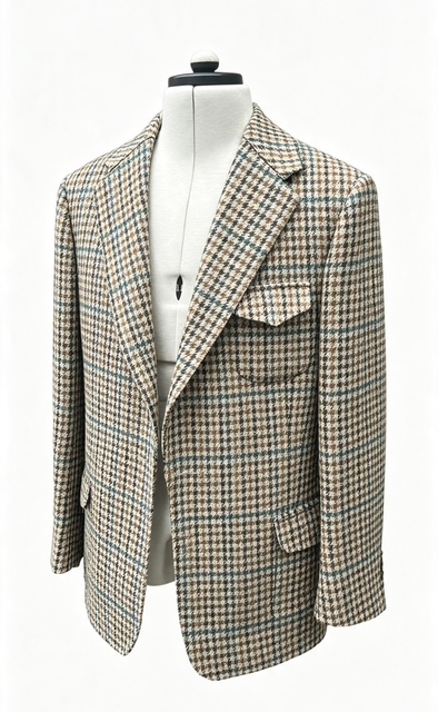 Houndstooth check tweed jacket with patch pockets, made in our Cleveland Street workroom